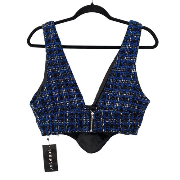 SHEIN SXY Houndstooth Zip Back Crop‎ Tweed Tank Top Royal Blue Black Size M NWT - Picture 2 of 6